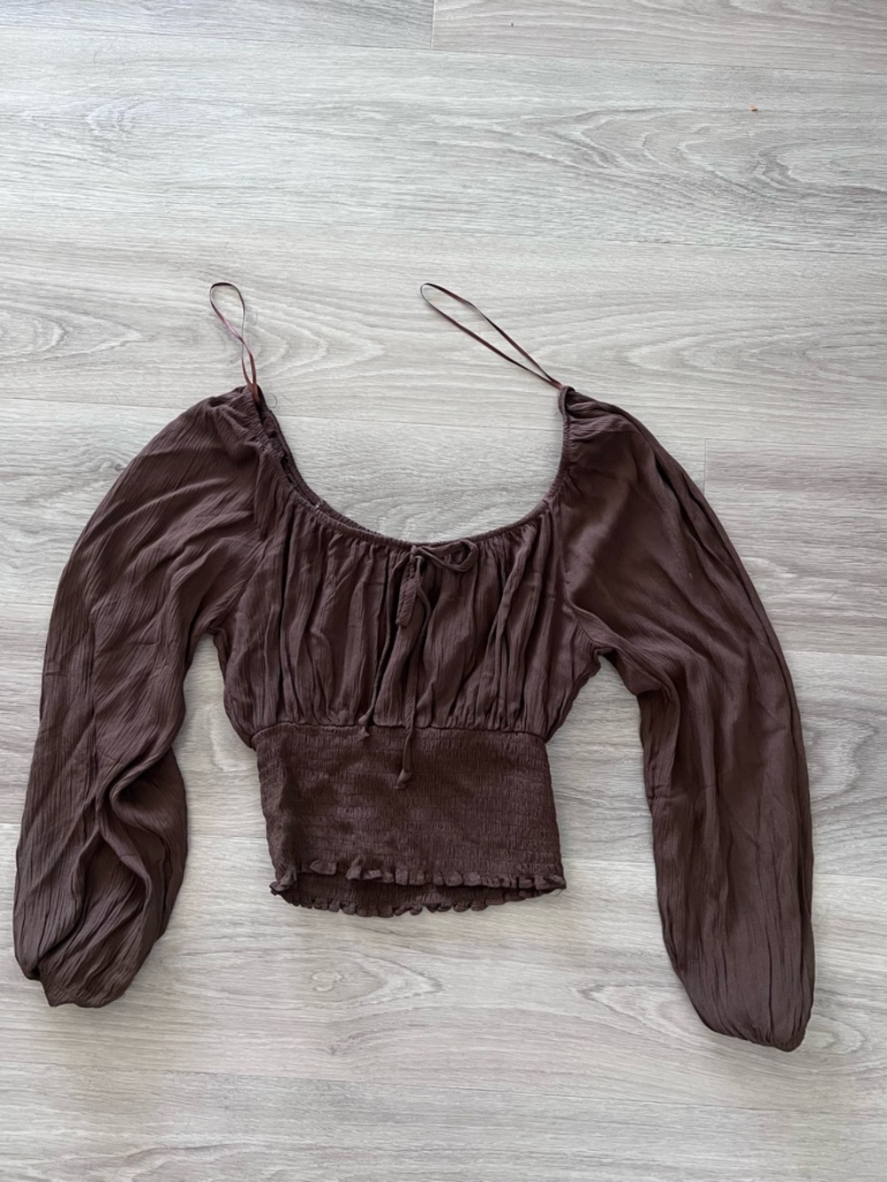 Fashion Nova Brown Long-Sleeve Smocked Crop Top